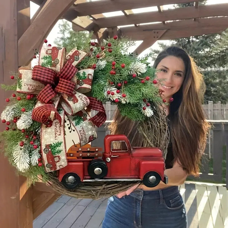NNETM Charming Vintage Red Truck Christmas Wreath - Festive House Décor